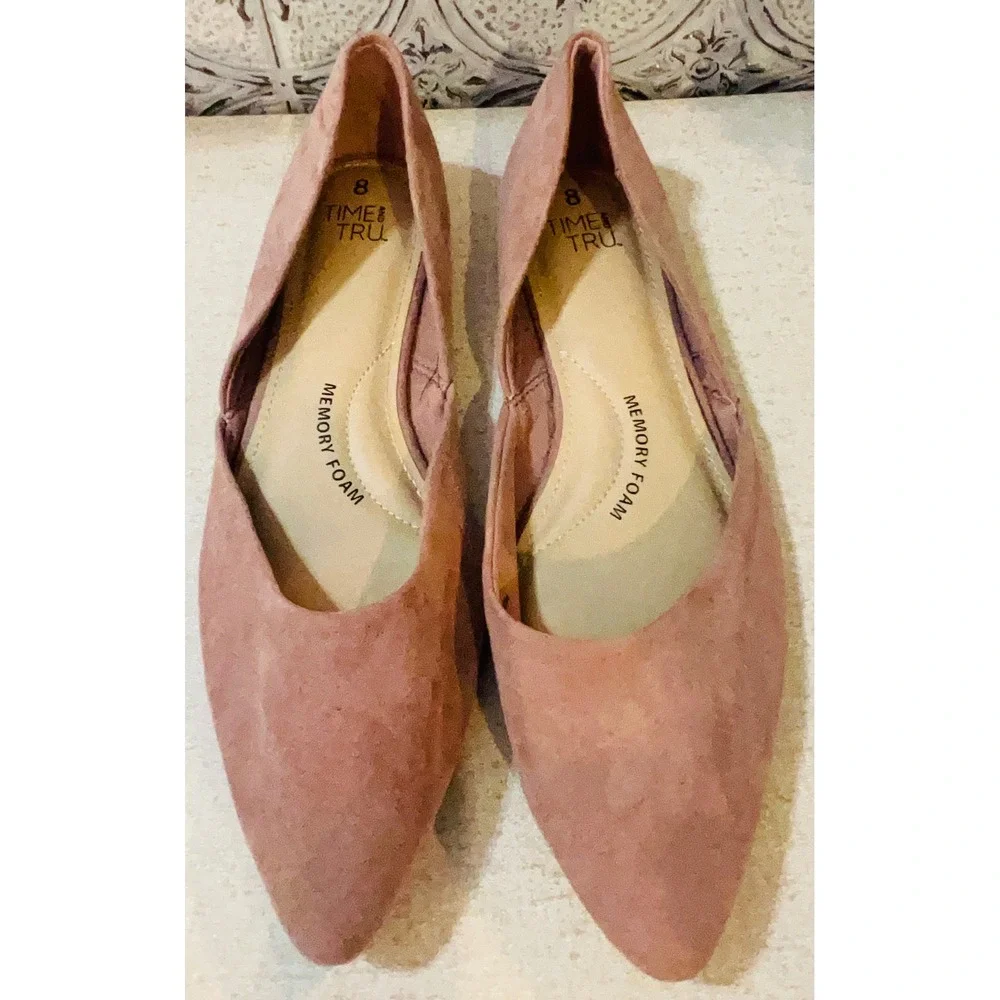 Time and Tru Womens Pink Faux Suede Pointed Toe Memory Foam Flats Size 8